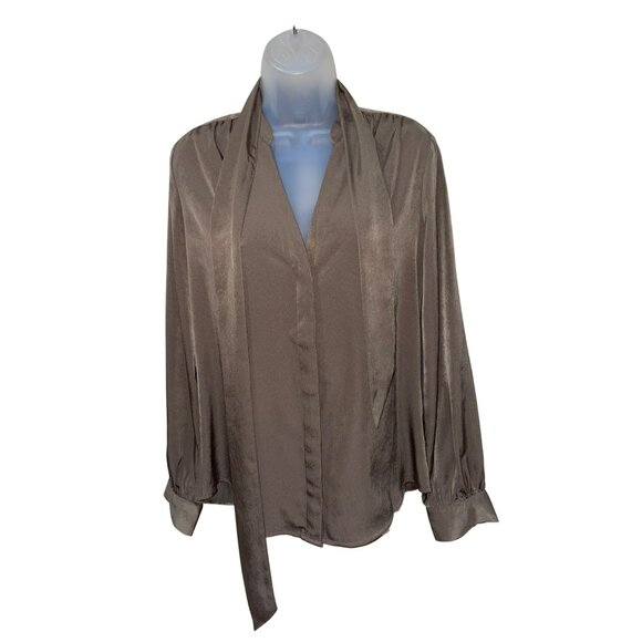 Express Portofina Brown Tie-Neck  Blouse With Long Sleeves & Button Cuffs For Wo - Picture 4 of 10
